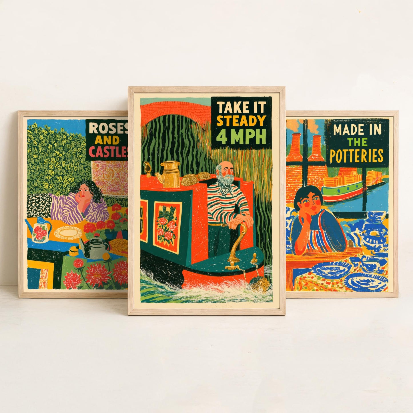 Life on the Cut Set of Three Art Prints - Roses and Castles, Made in the Potteries, Take It Steady 4mph - Canal Folk Posters Illustration