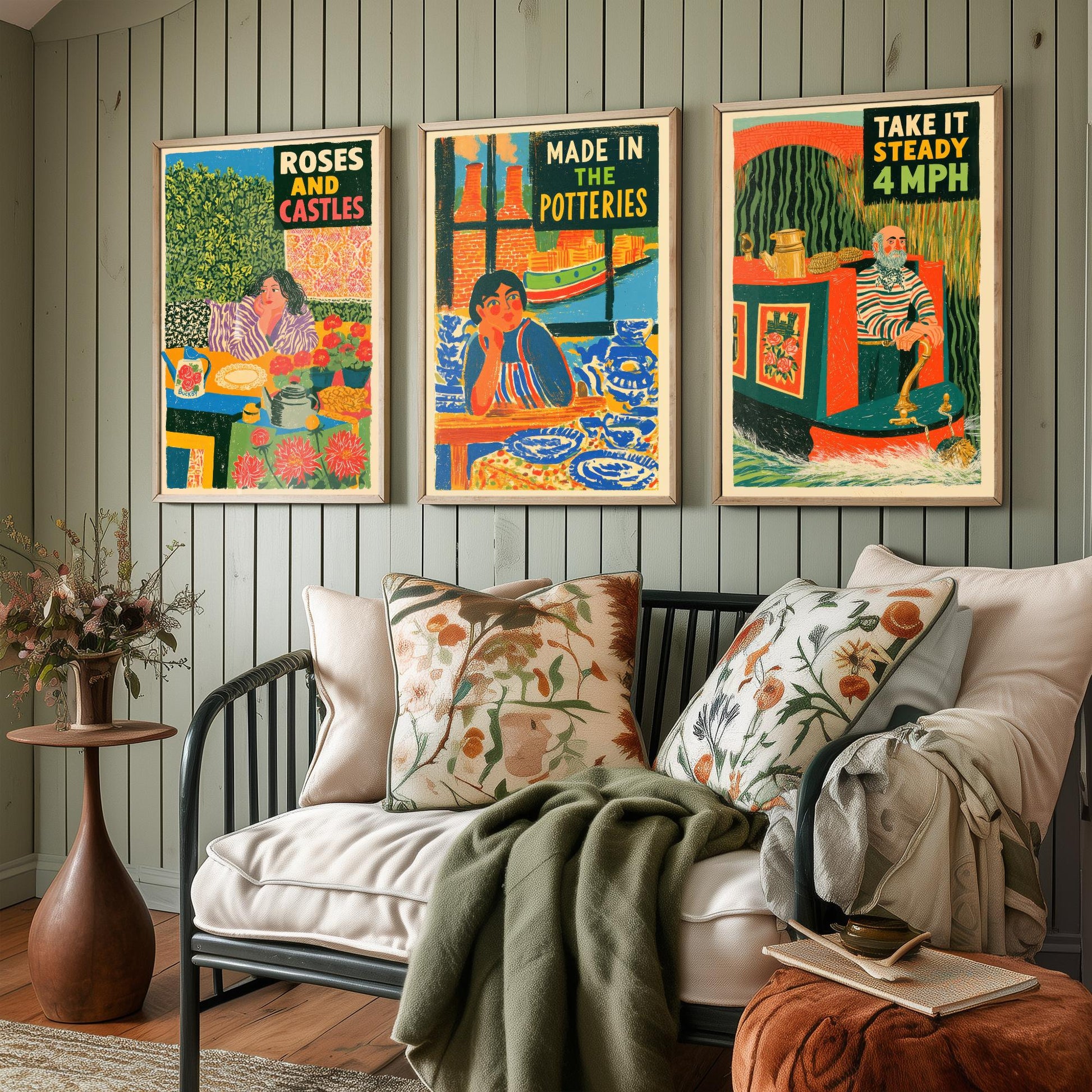 Life on the Cut Set of Three Art Prints - Roses and Castles, Made in the Potteries, Take It Steady 4mph - Canal Folk Posters Illustration