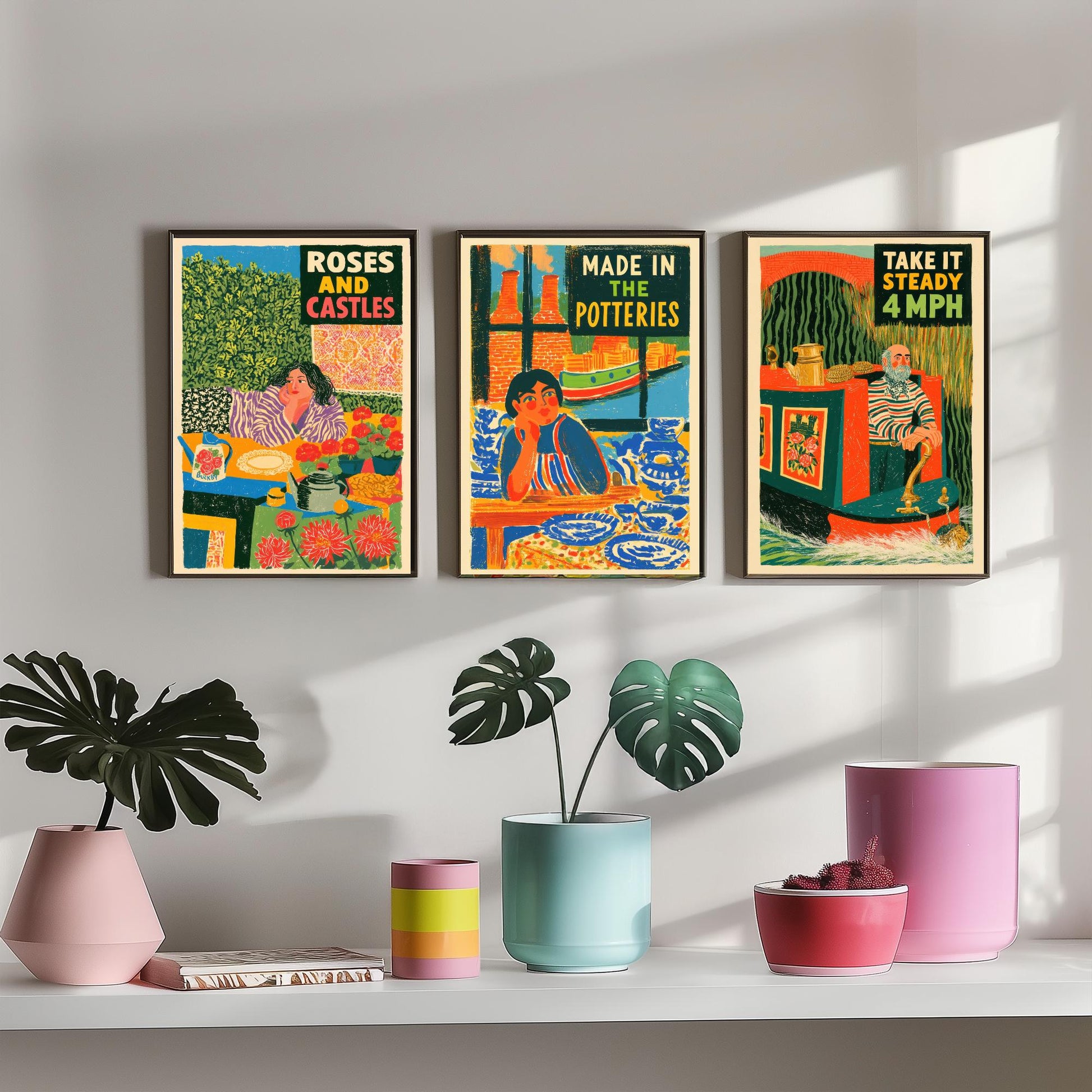 Life on the Cut Set of Three Art Prints - Roses and Castles, Made in the Potteries, Take It Steady 4mph - Canal Folk Posters Illustration
