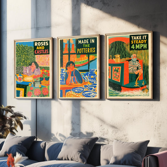 Life on the Cut Set of Three Art Prints - Roses and Castles, Made in the Potteries, Take It Steady 4mph - Canal Folk Posters Illustration