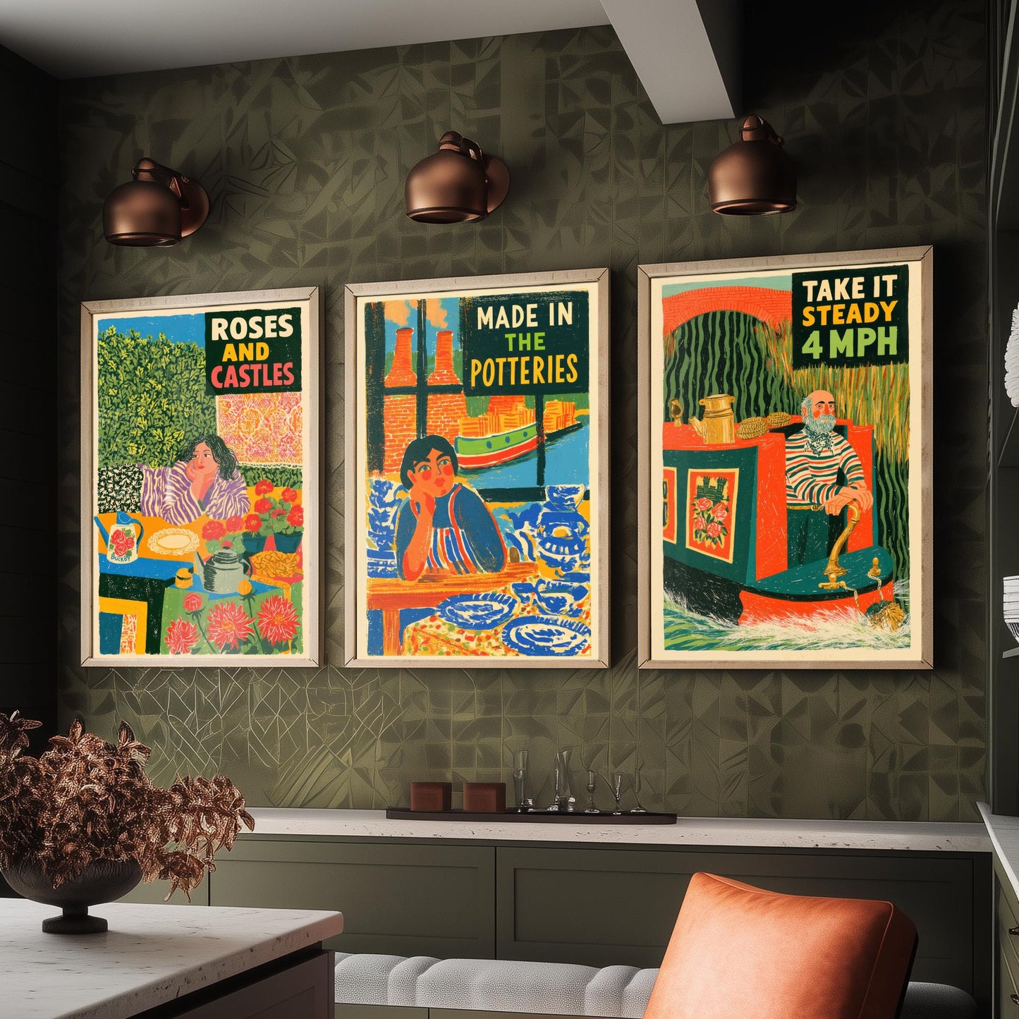 Life on the Cut Set of Three Art Prints - Roses and Castles, Made in the Potteries, Take It Steady 4mph - Canal Folk Posters Illustration