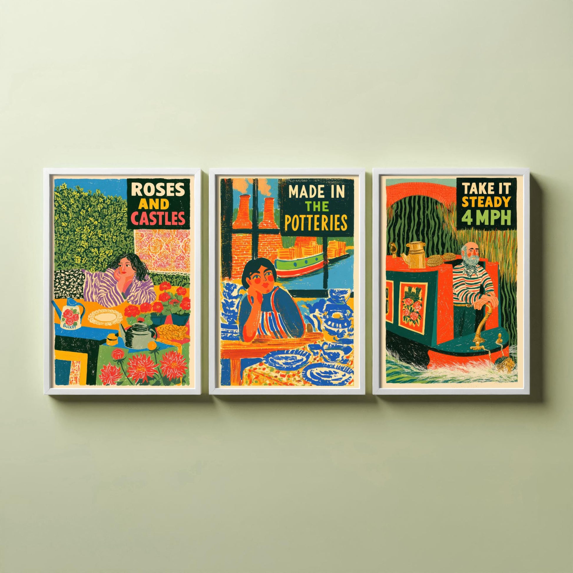 Life on the Cut Set of Three Art Prints - Roses and Castles, Made in the Potteries, Take It Steady 4mph - Canal Folk Posters Illustration