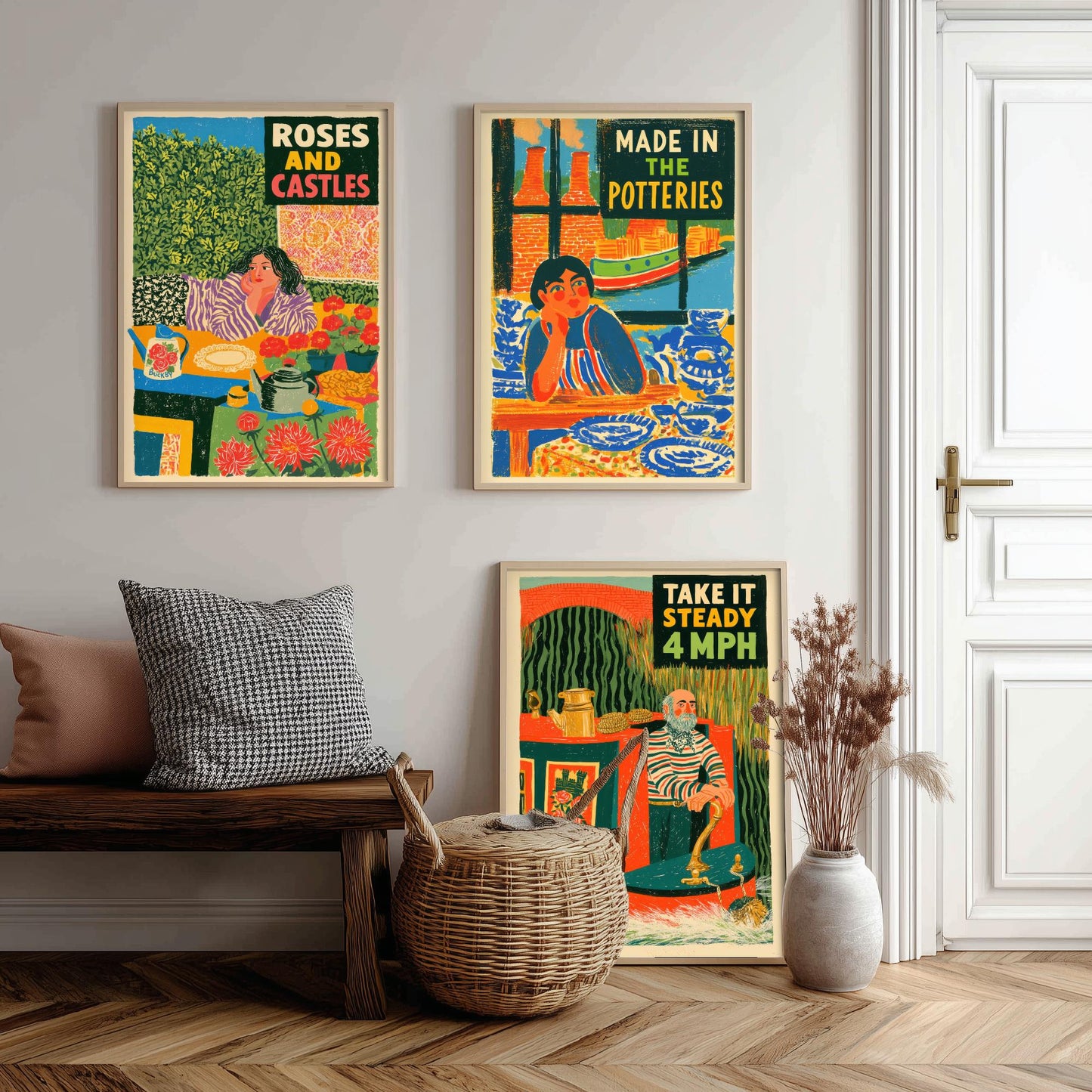 Life on the Cut Set of Three Art Prints - Roses and Castles, Made in the Potteries, Take It Steady 4mph - Canal Folk Posters Illustration