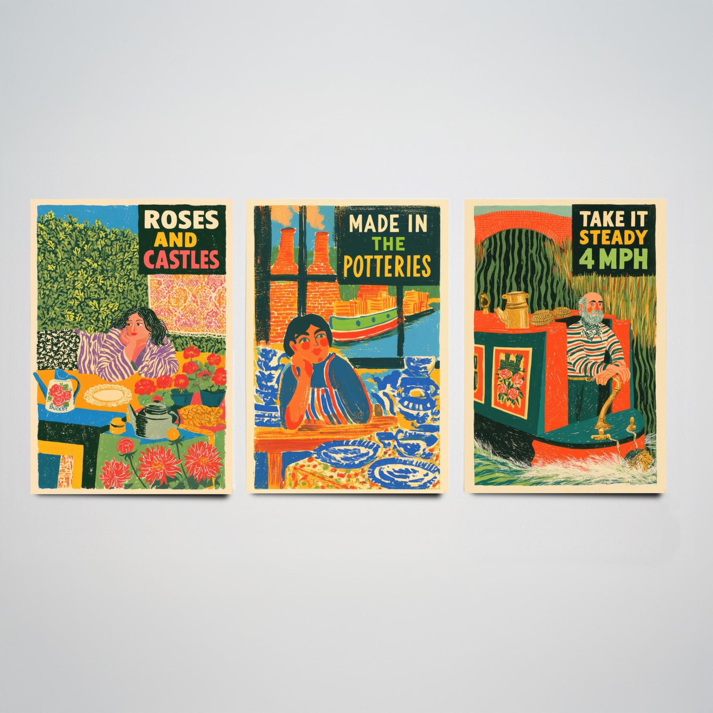 Life on the Cut Set of Three Art Prints - Roses and Castles, Made in the Potteries, Take It Steady 4mph - Canal Folk Posters Illustration
