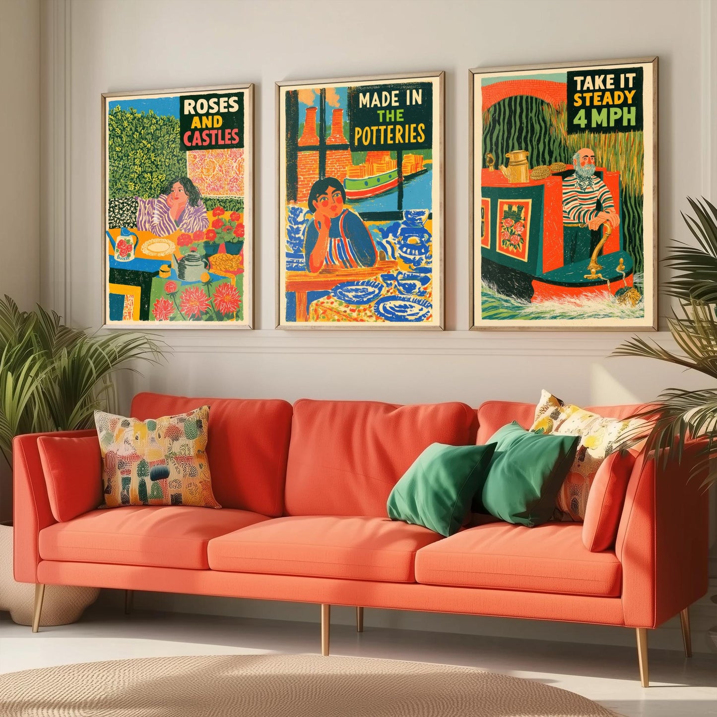 Life on the Cut Set of Three Art Prints - Roses and Castles, Made in the Potteries, Take It Steady 4mph - Canal Folk Posters Illustration