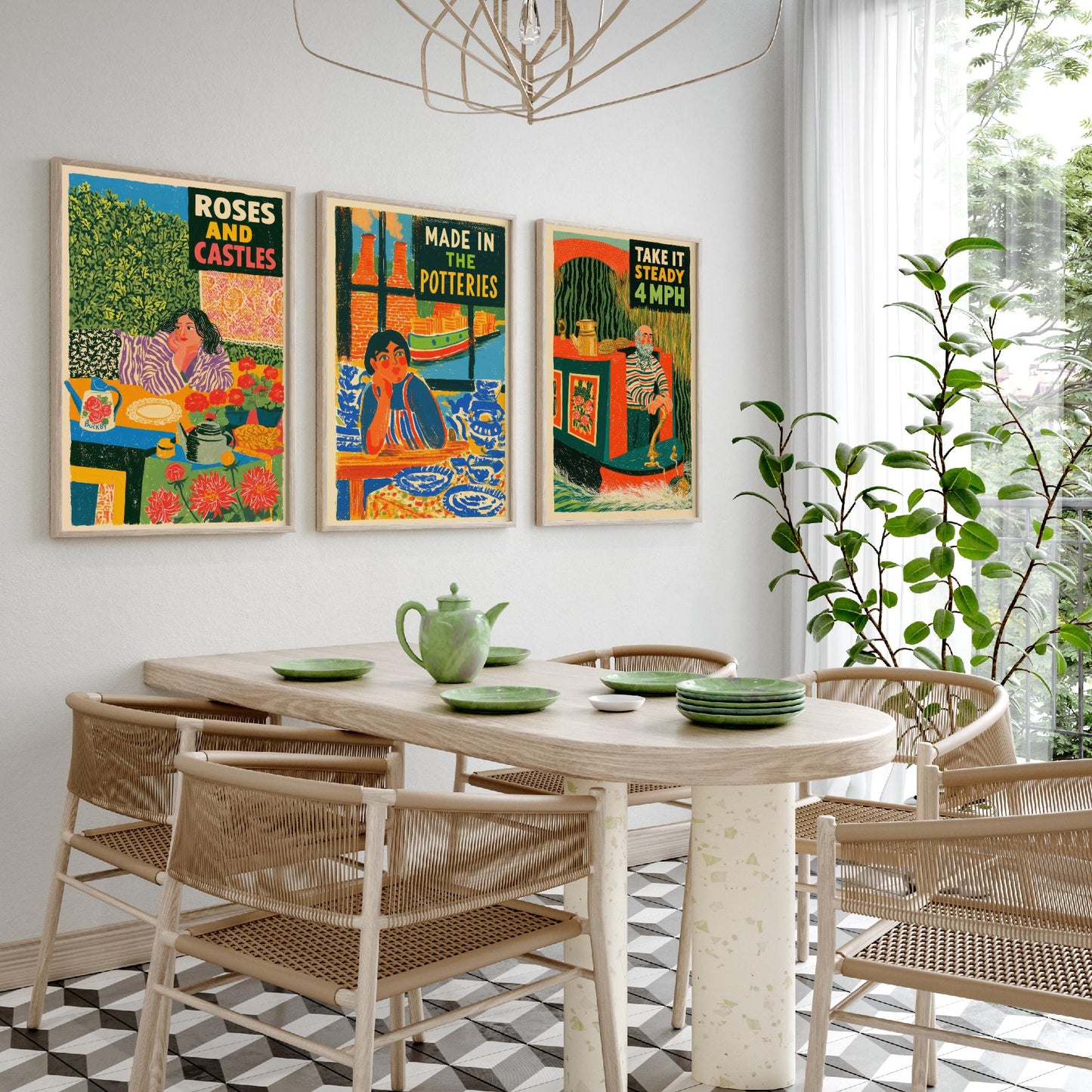 Life on the Cut Set of Three Art Prints - Roses and Castles, Made in the Potteries, Take It Steady 4mph - Canal Folk Posters Illustration