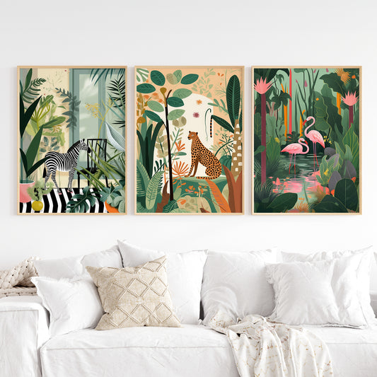 The Botanical Room - Set of Three Safari Animal Prints - Zebra, Cheetah Flamingo