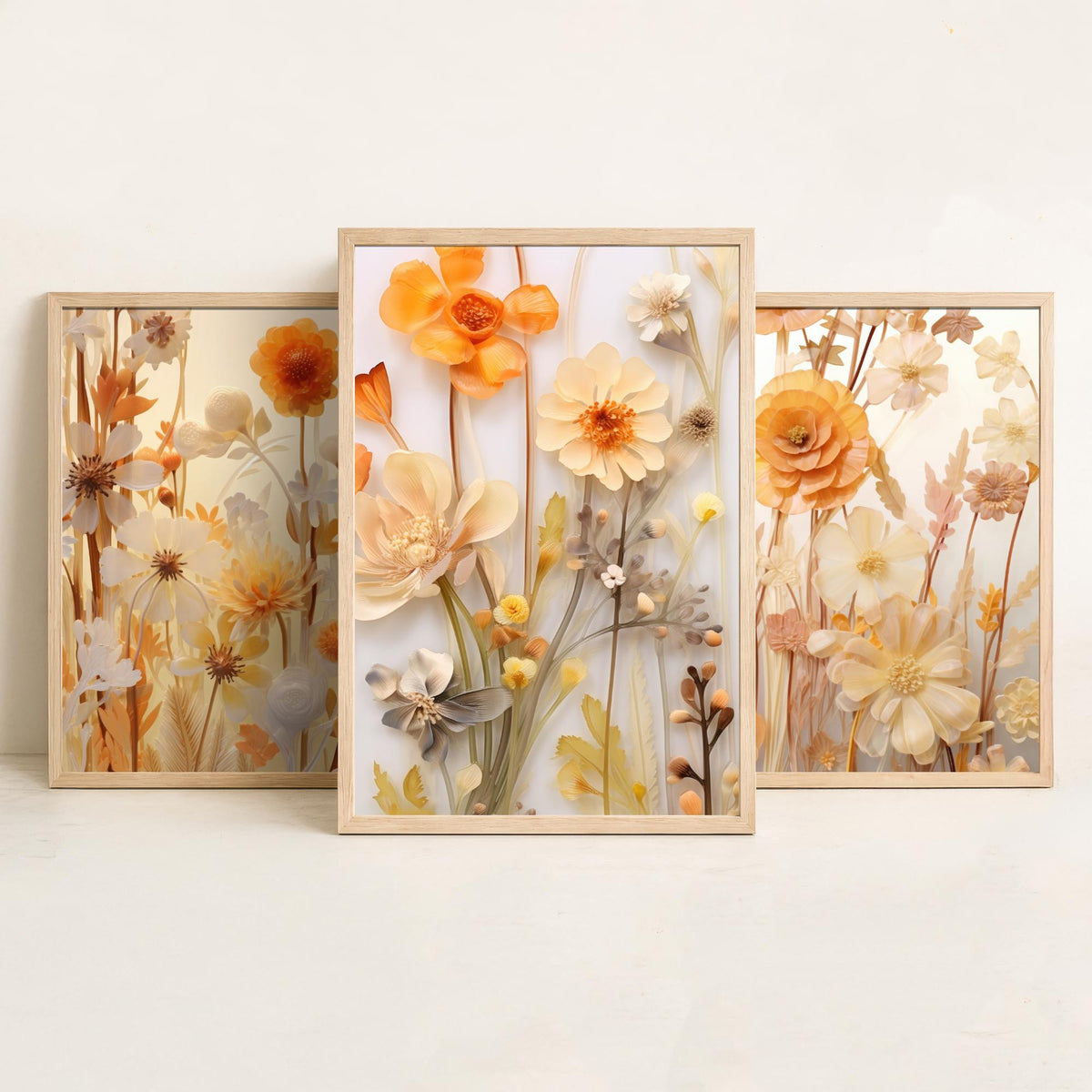 Pale Yellow Wildflowers Set of Three Art Prints - Paper Flowers in Cream and Apricot - Soft Botanical Poster Illustration