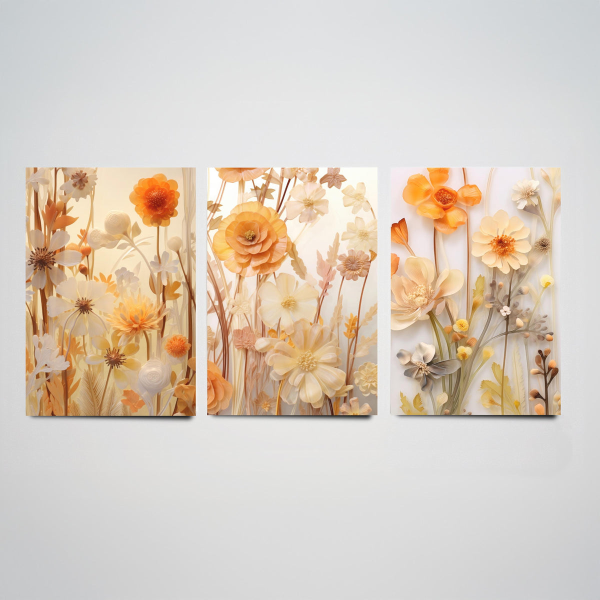 Pale Yellow Wildflowers Set of Three Art Prints - Paper Flowers in Cream and Apricot - Soft Botanical Poster Illustration