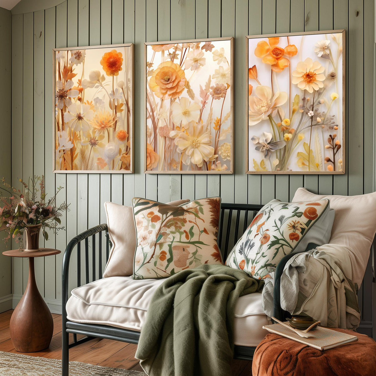 Pale Yellow Wildflowers Set of Three Art Prints - Paper Flowers in Cream and Apricot - Soft Botanical Poster Illustration