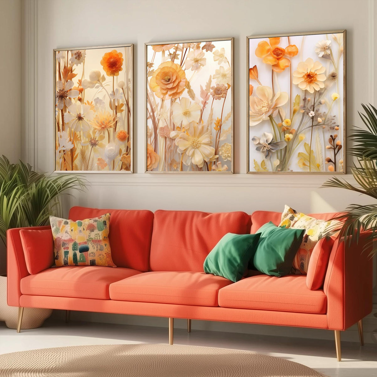 Pale Yellow Wildflowers Set of Three Art Prints - Paper Flowers in Cream and Apricot - Soft Botanical Poster Illustration