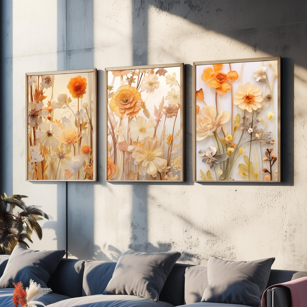 Pale Yellow Wildflowers Set of Three Art Prints - Paper Flowers in Cream and Apricot - Soft Botanical Poster Illustration