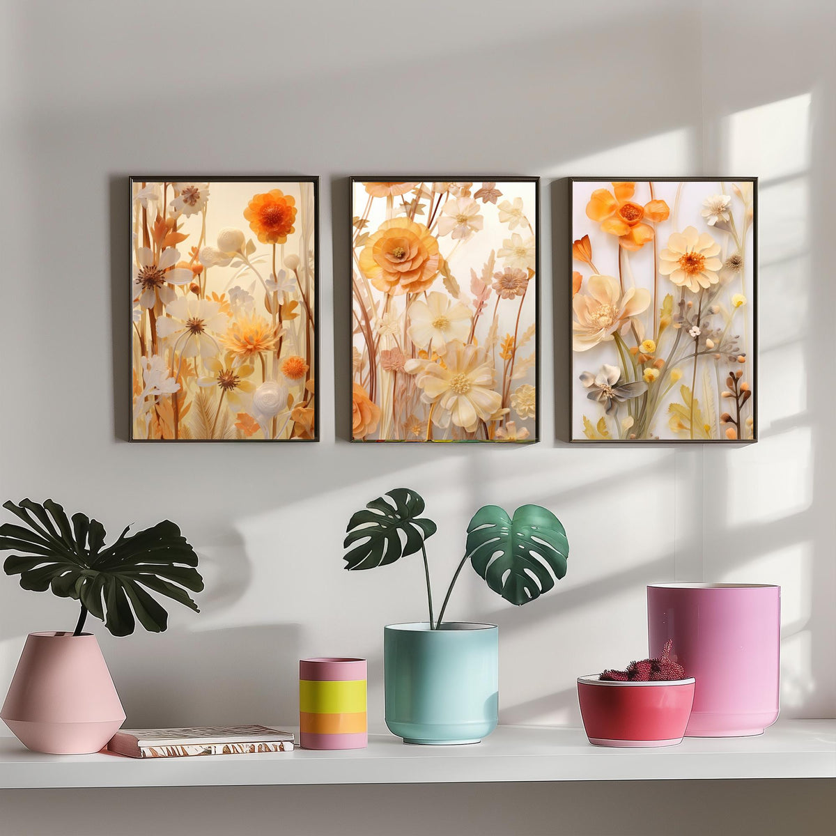 Pale Yellow Wildflowers Set of Three Art Prints - Paper Flowers in Cream and Apricot - Soft Botanical Poster Illustration