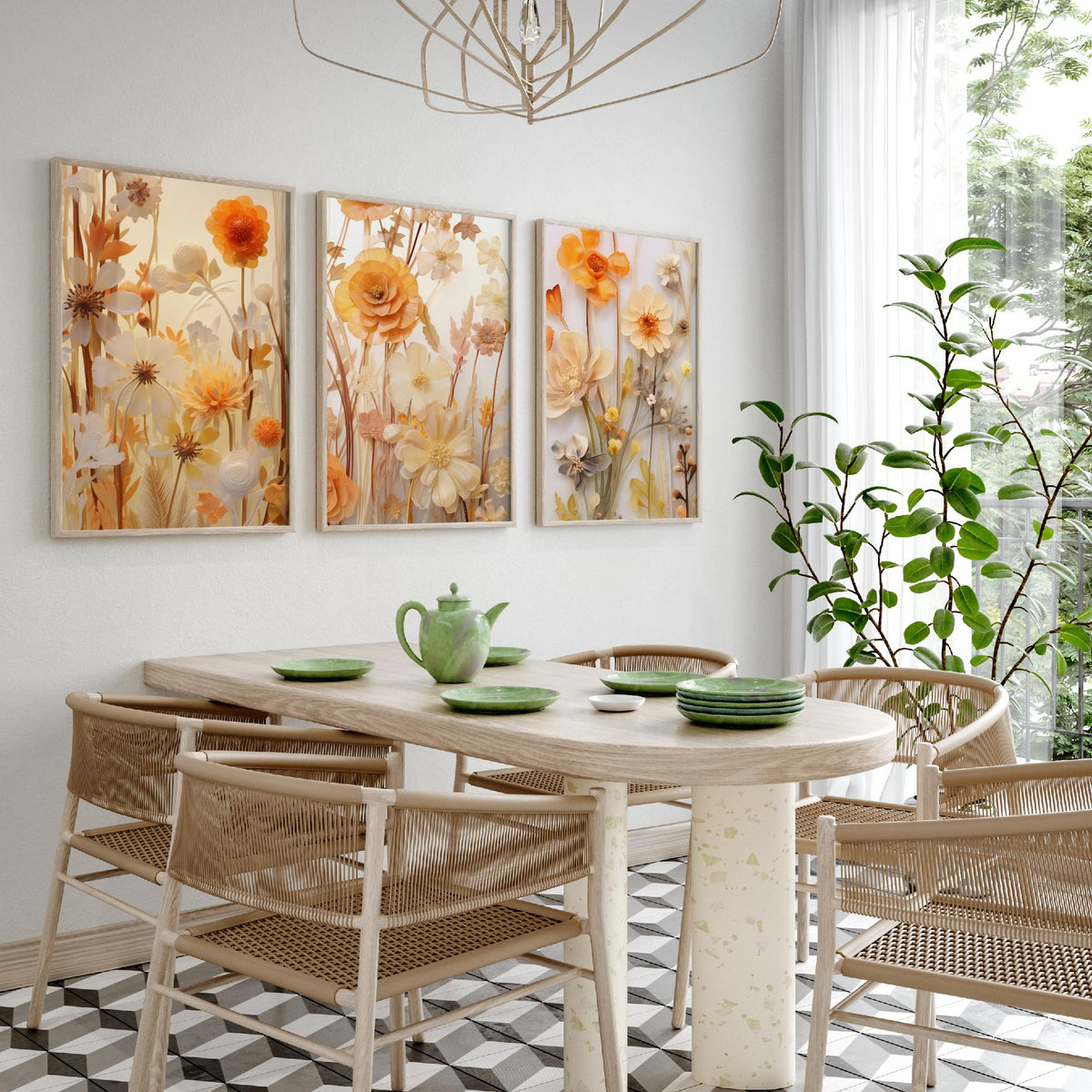 Pale Yellow Wildflowers Set of Three Art Prints - Paper Flowers in Cream and Apricot - Soft Botanical Poster Illustration