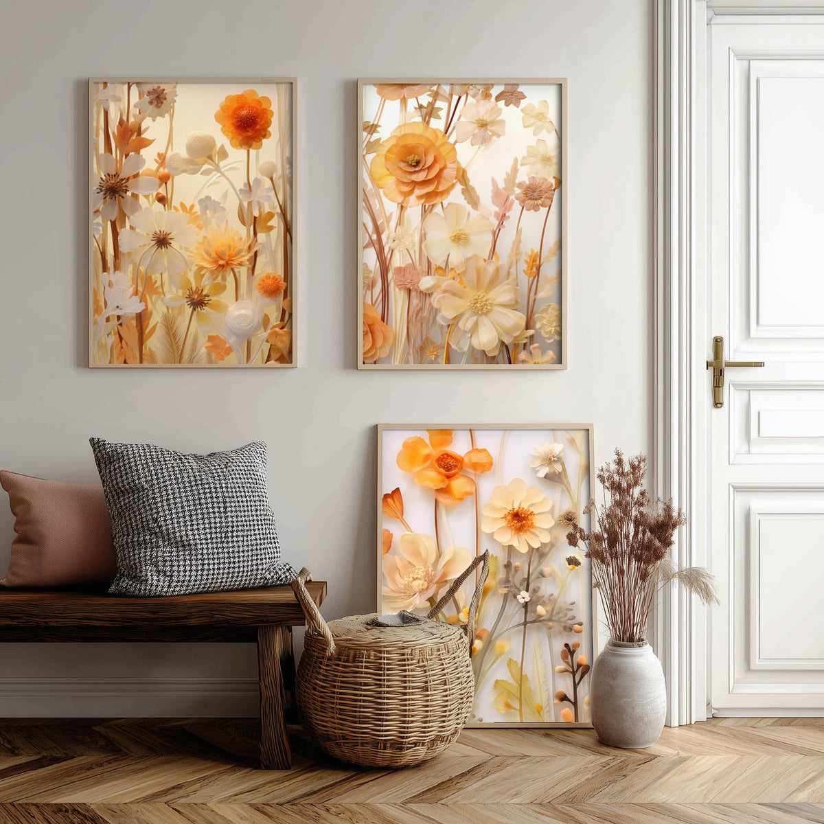 Pale Yellow Wildflowers Set of Three Art Prints - Paper Flowers in Cream and Apricot - Soft Botanical Poster Illustration