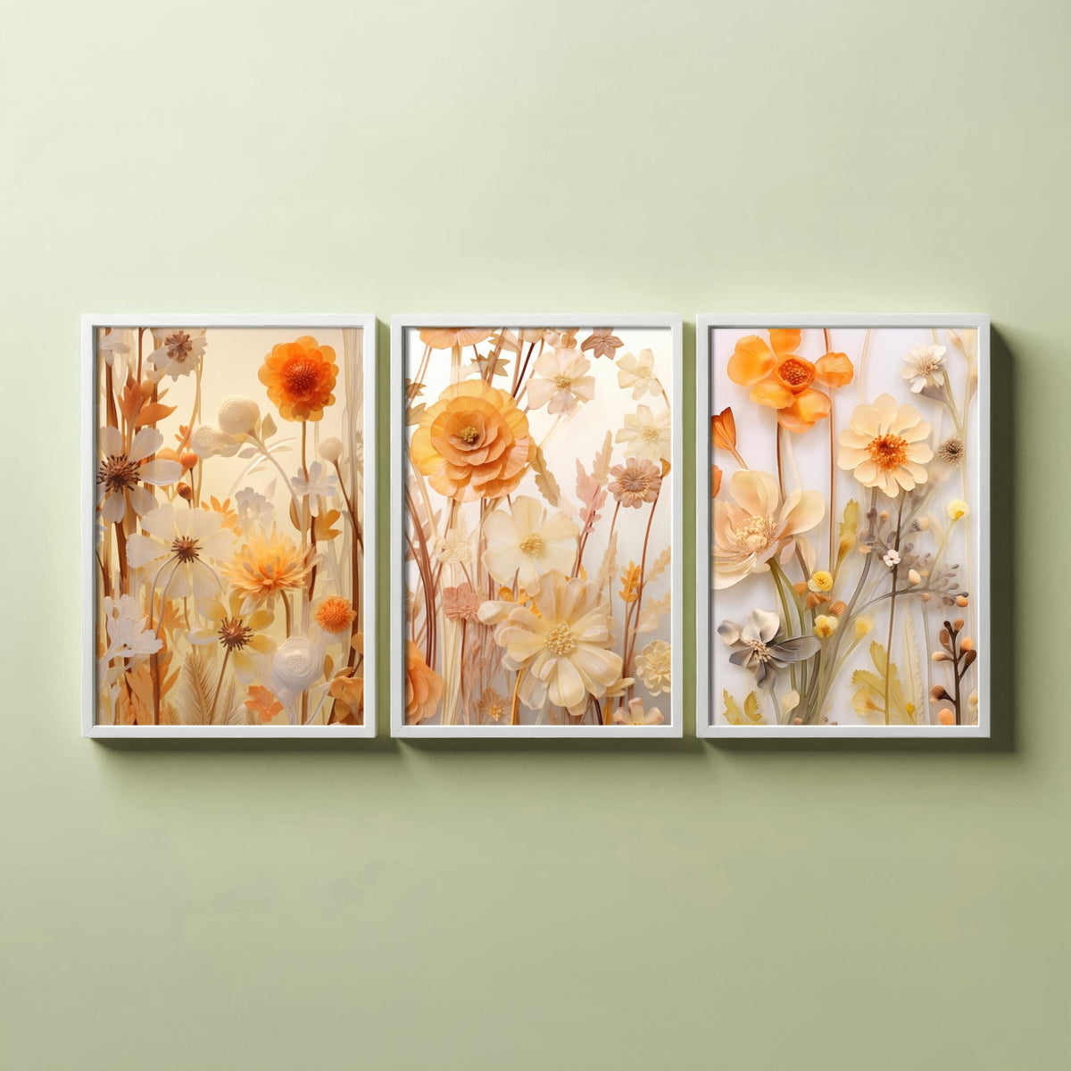 Pale Yellow Wildflowers Set of Three Art Prints - Paper Flowers in Cream and Apricot - Soft Botanical Poster Illustration