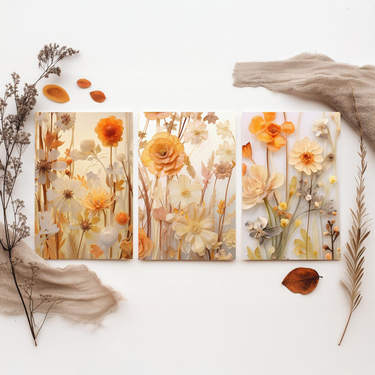 Pale Yellow Wildflowers Set of Three Art Prints - Paper Flowers in Cream and Apricot - Soft Botanical Poster Illustration