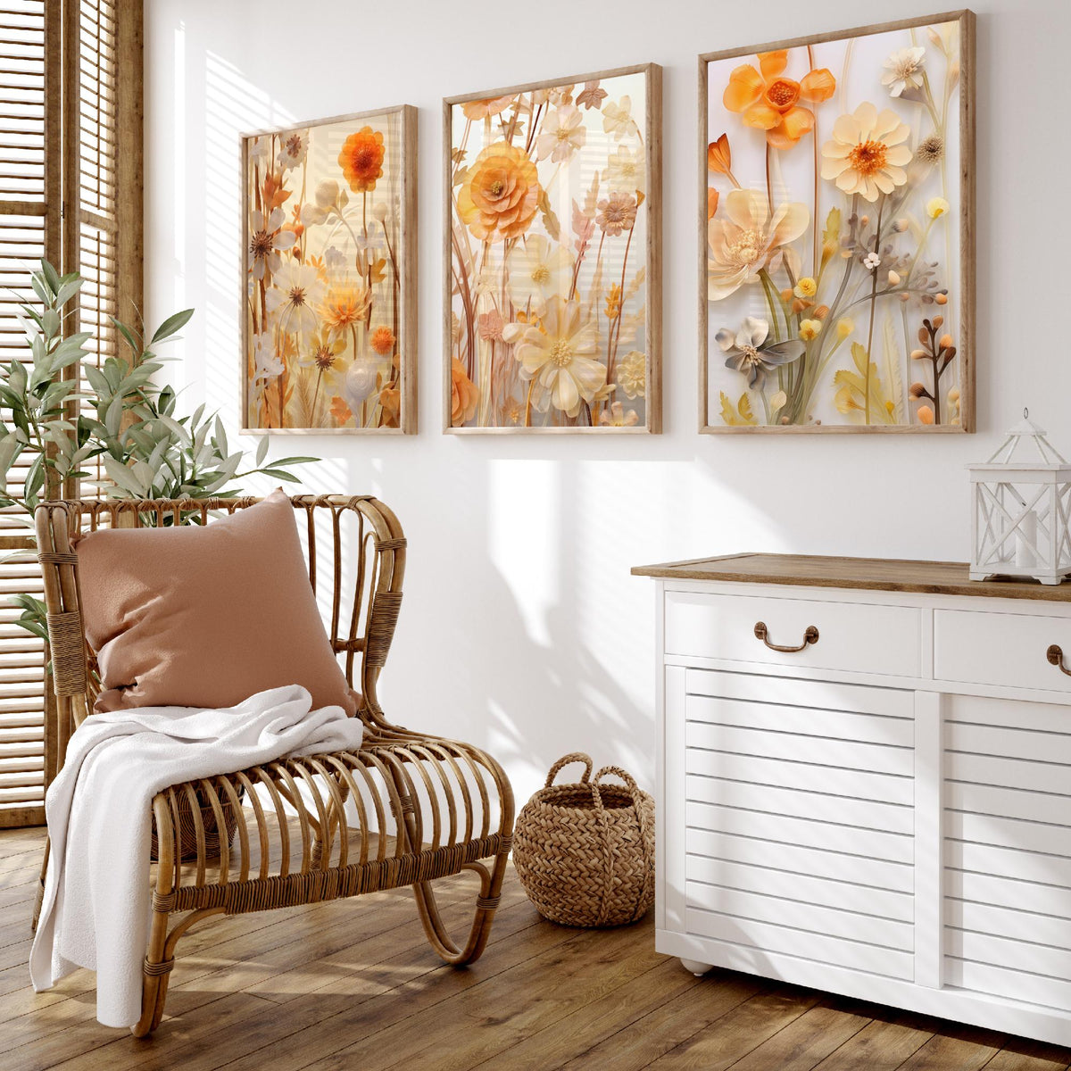 Pale Yellow Wildflowers Set of Three Art Prints - Paper Flowers in Cream and Apricot - Soft Botanical Poster Illustration