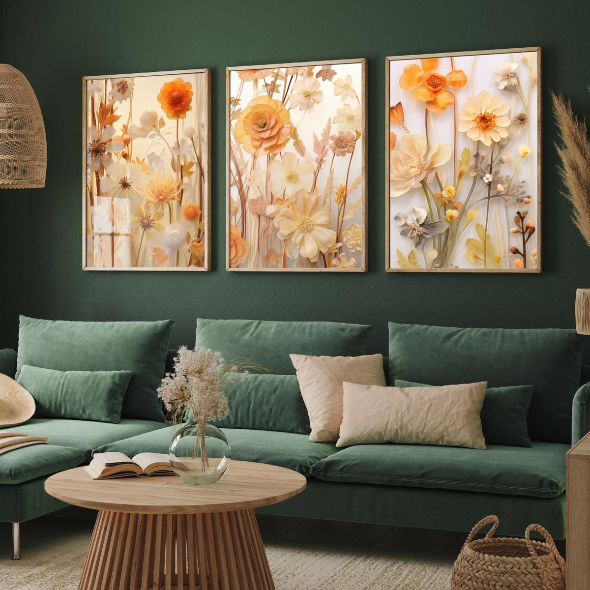 Pale Yellow Wildflowers Set of Three Art Prints - Paper Flowers in Cream and Apricot - Soft Botanical Poster Illustration