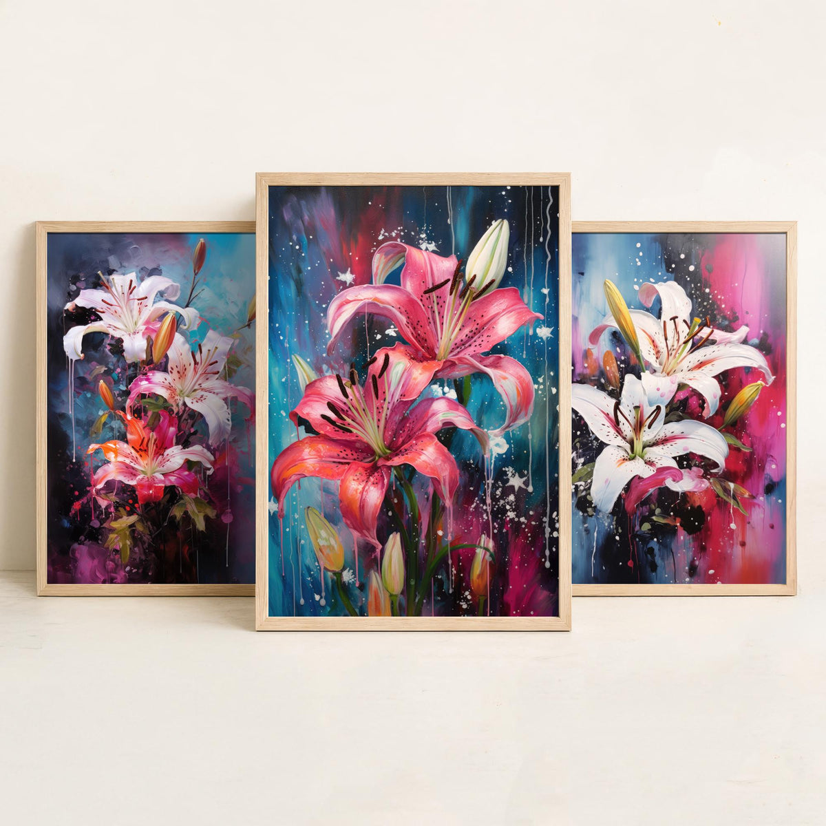 Lilies Set of Three Art Prints - White and Pink Stargazers on Blue - Abstract Floral Painting Poster