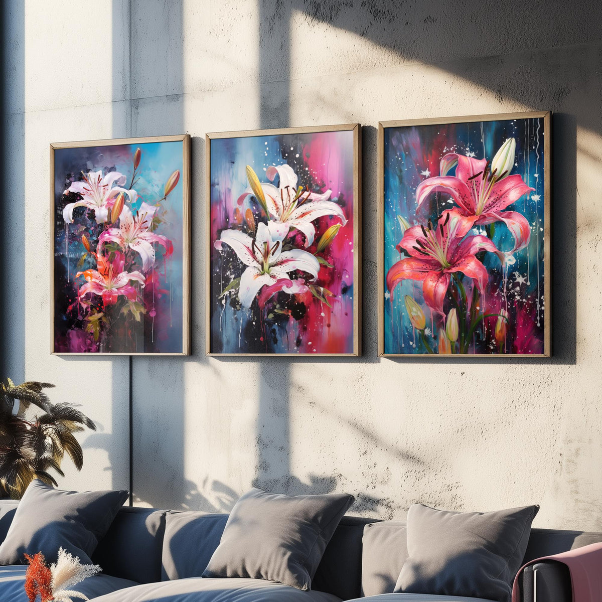 Lilies Set of Three Art Prints - White and Pink Stargazers on Blue - Abstract Floral Painting Poster