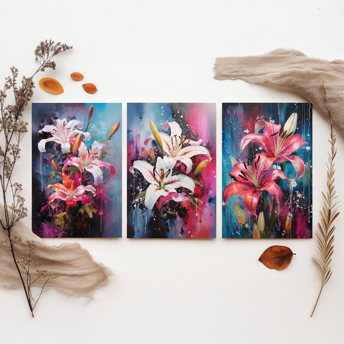 Lilies Set of Three Art Prints - White and Pink Stargazers on Blue - Abstract Floral Painting Poster
