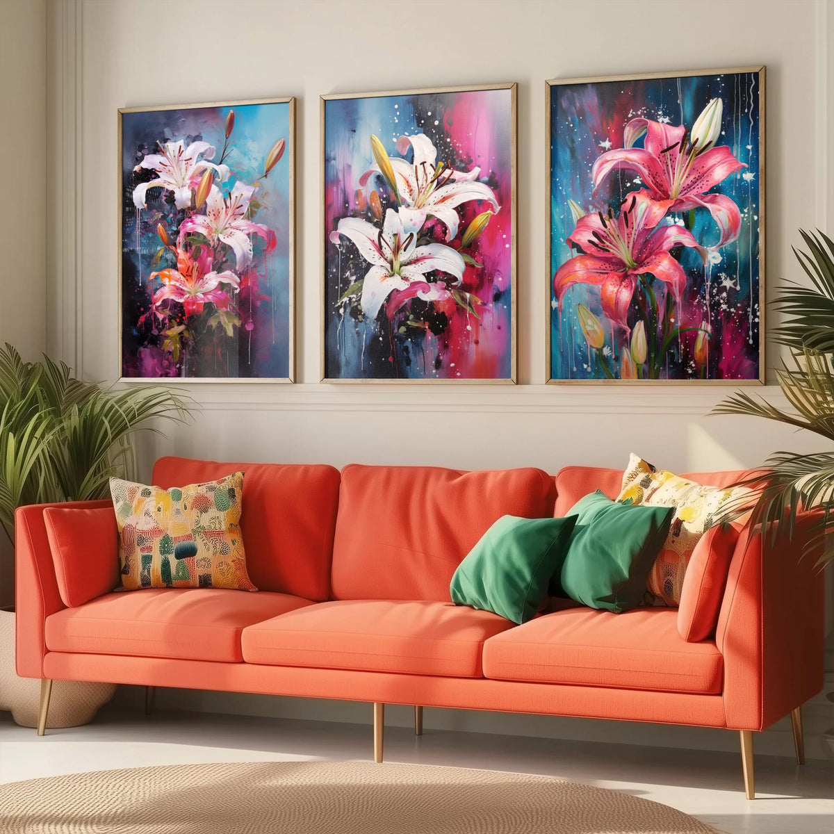 Lilies Set of Three Art Prints - White and Pink Stargazers on Blue - Abstract Floral Painting Poster
