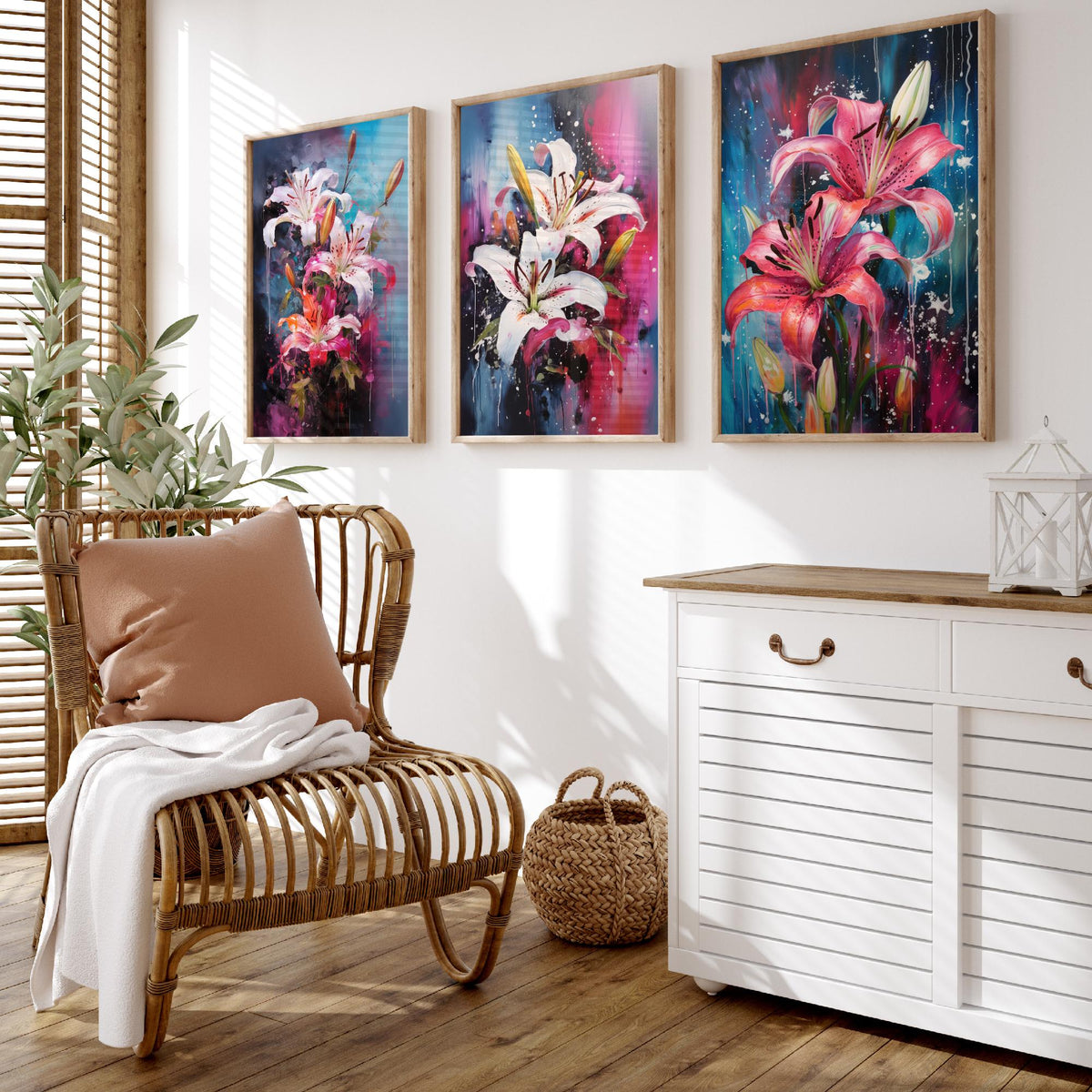 Lilies Set of Three Art Prints - White and Pink Stargazers on Blue - Abstract Floral Painting Poster