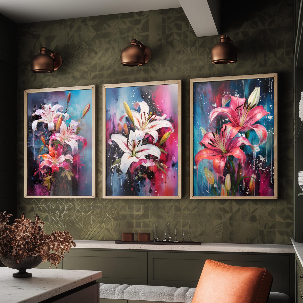 Lilies Set of Three Art Prints - White and Pink Stargazers on Blue - Abstract Floral Painting Poster