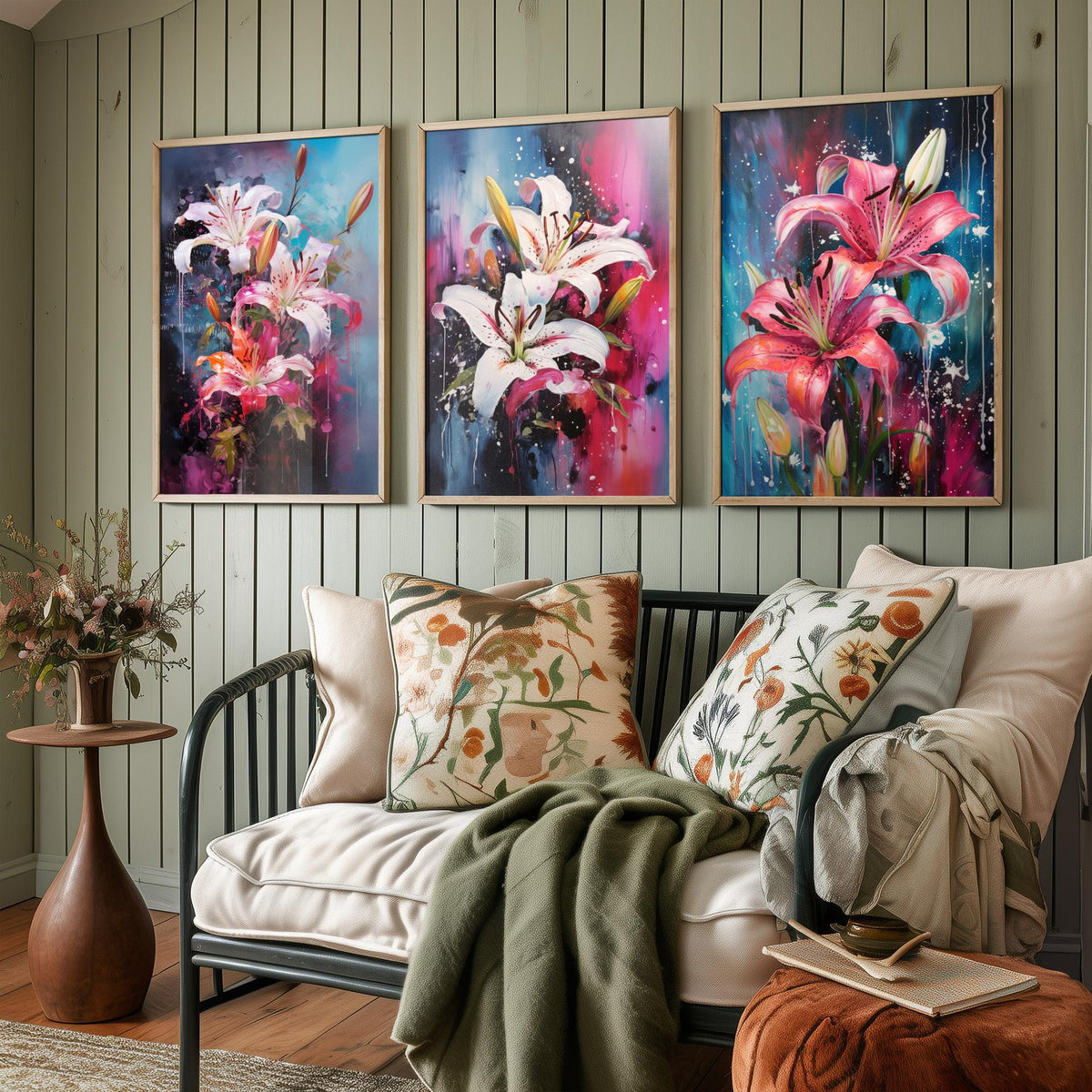 Lilies Set of Three Art Prints - White and Pink Stargazers on Blue - Abstract Floral Painting Poster