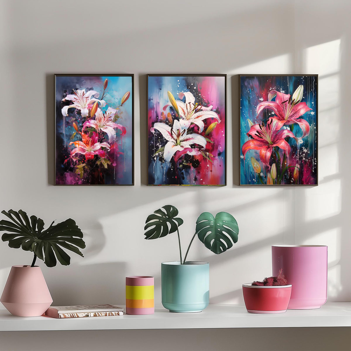 Lilies Set of Three Art Prints - White and Pink Stargazers on Blue - Abstract Floral Painting Poster