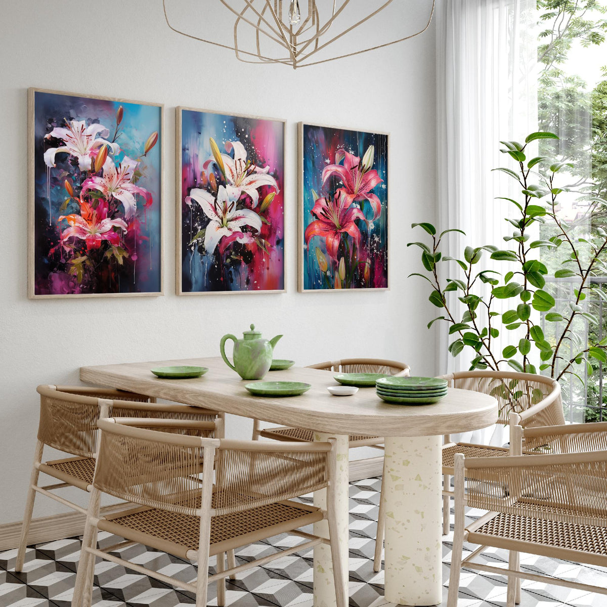 Lilies Set of Three Art Prints - White and Pink Stargazers on Blue - Abstract Floral Painting Poster