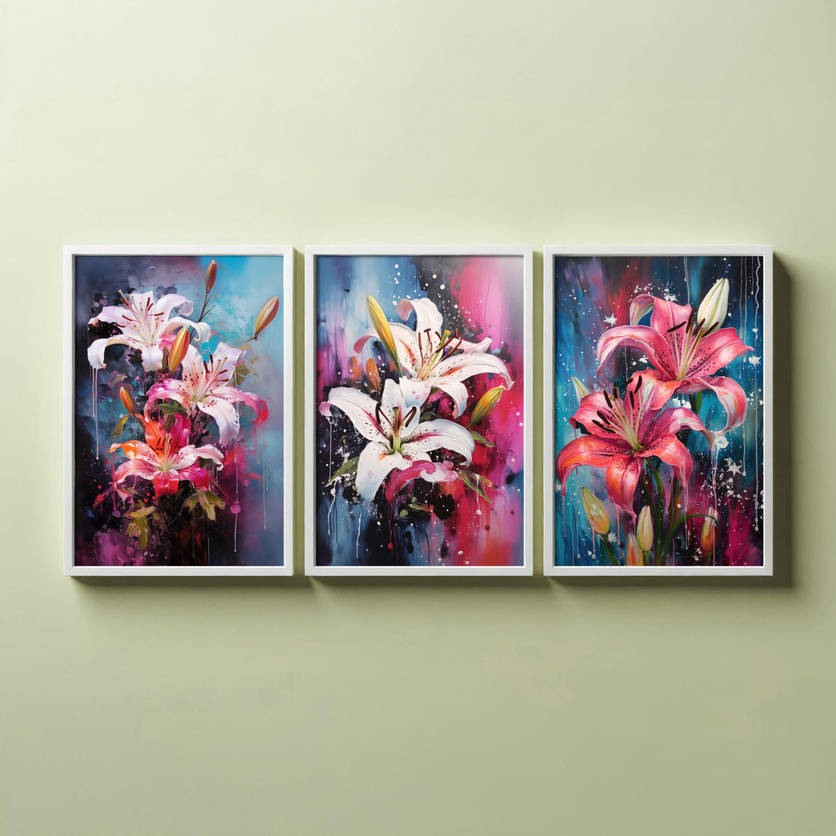 Lilies Set of Three Art Prints - White and Pink Stargazers on Blue - Abstract Floral Painting Poster
