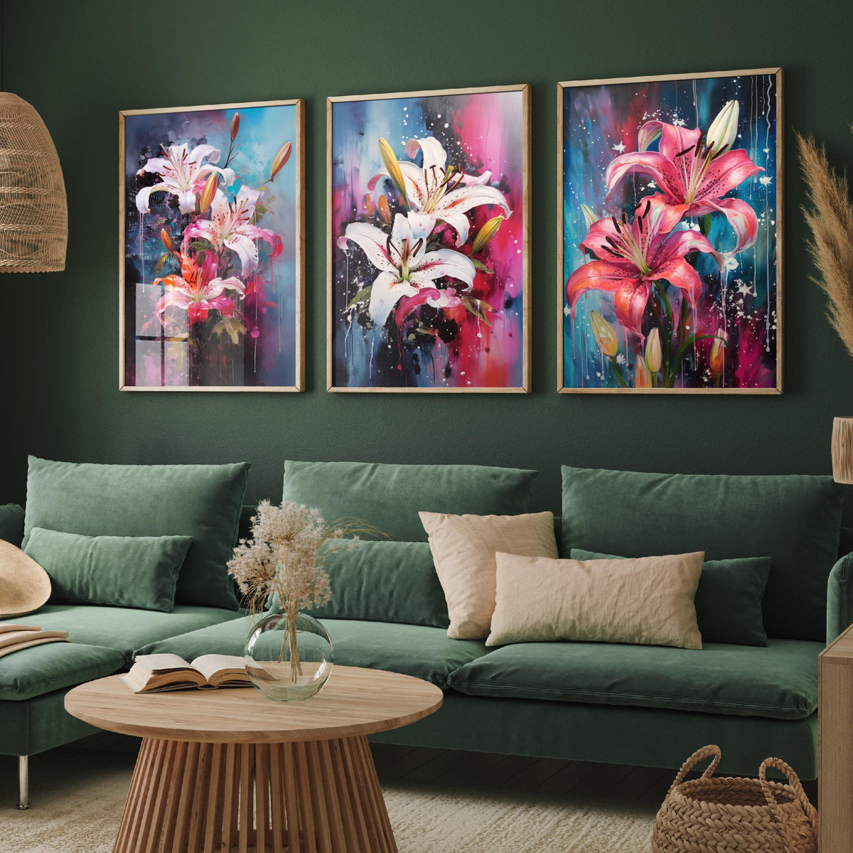 Lilies Set of Three Art Prints - White and Pink Stargazers on Blue - Abstract Floral Painting Poster