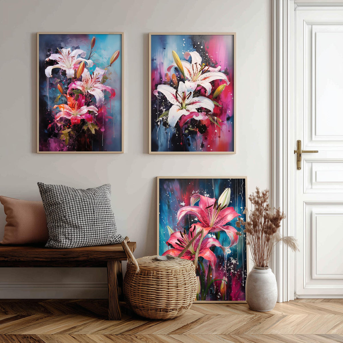 Lilies Set of Three Art Prints - White and Pink Stargazers on Blue - Abstract Floral Painting Poster
