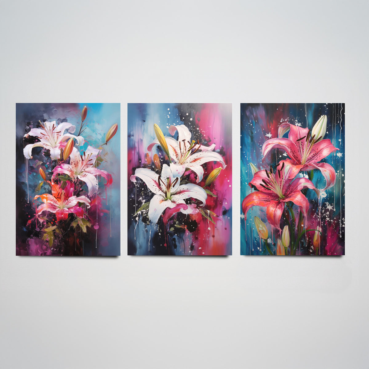Lilies Set of Three Art Prints - White and Pink Stargazers on Blue - Abstract Floral Painting Poster