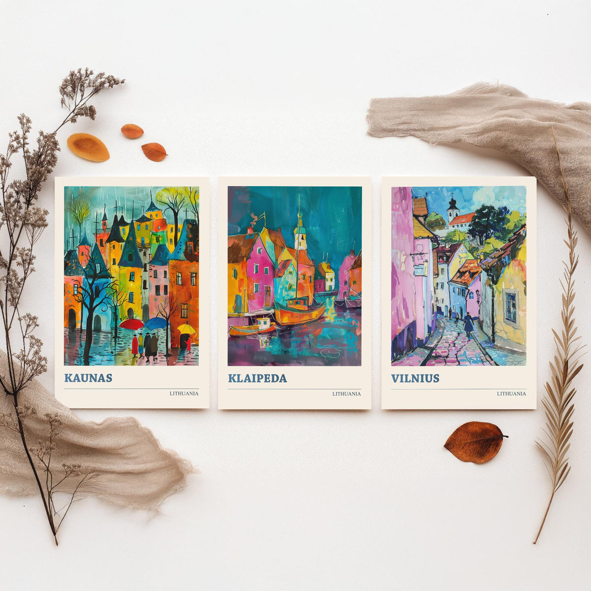 Lithuania Set of Three Prints - Kaunas, Klaipeda, Vilnius - 3 Vibrant City Art Prints Watercolour Painting Poster Gift Travel