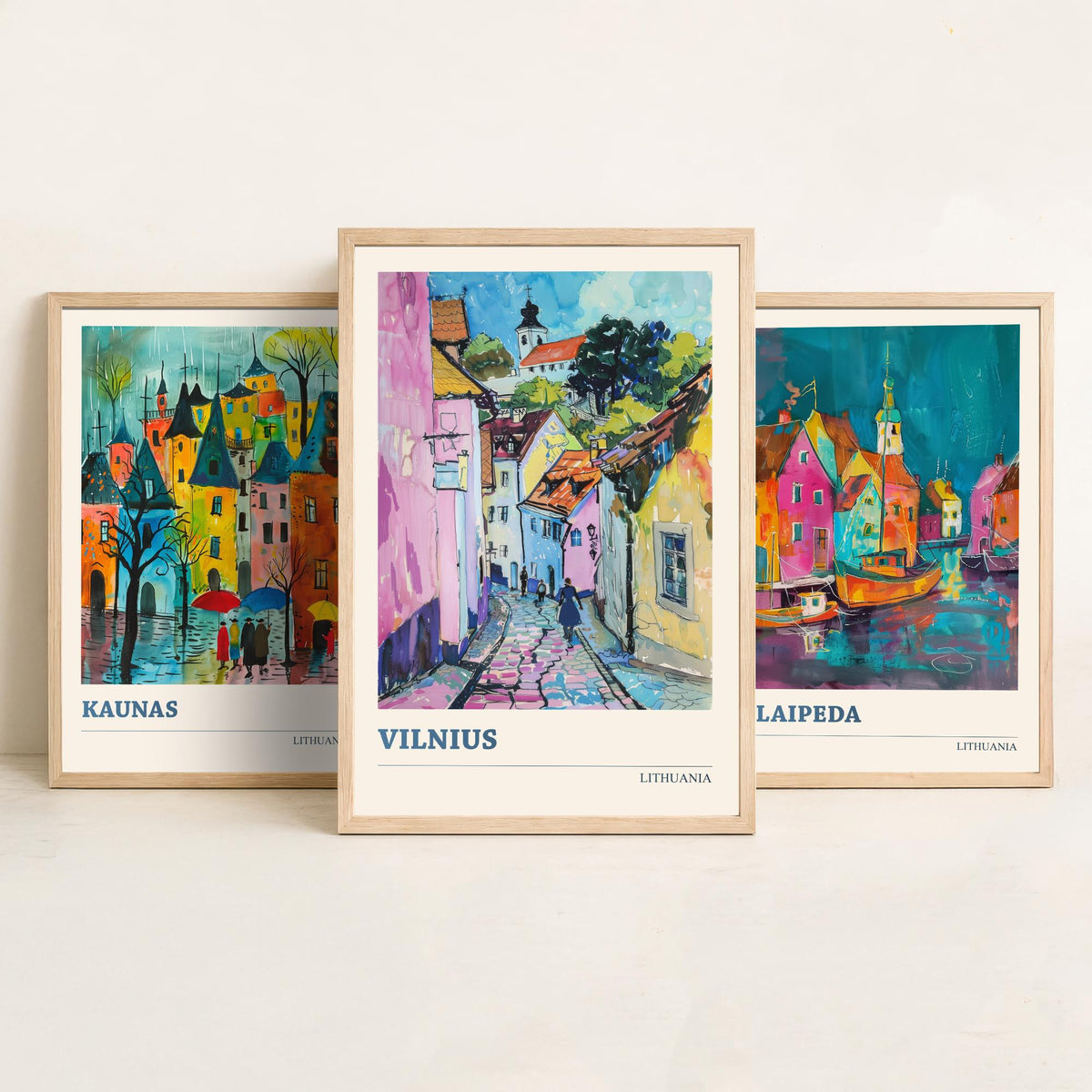 Lithuania Set of Three Prints - Kaunas, Klaipeda, Vilnius - 3 Vibrant City Art Prints Watercolour Painting Poster Gift Travel