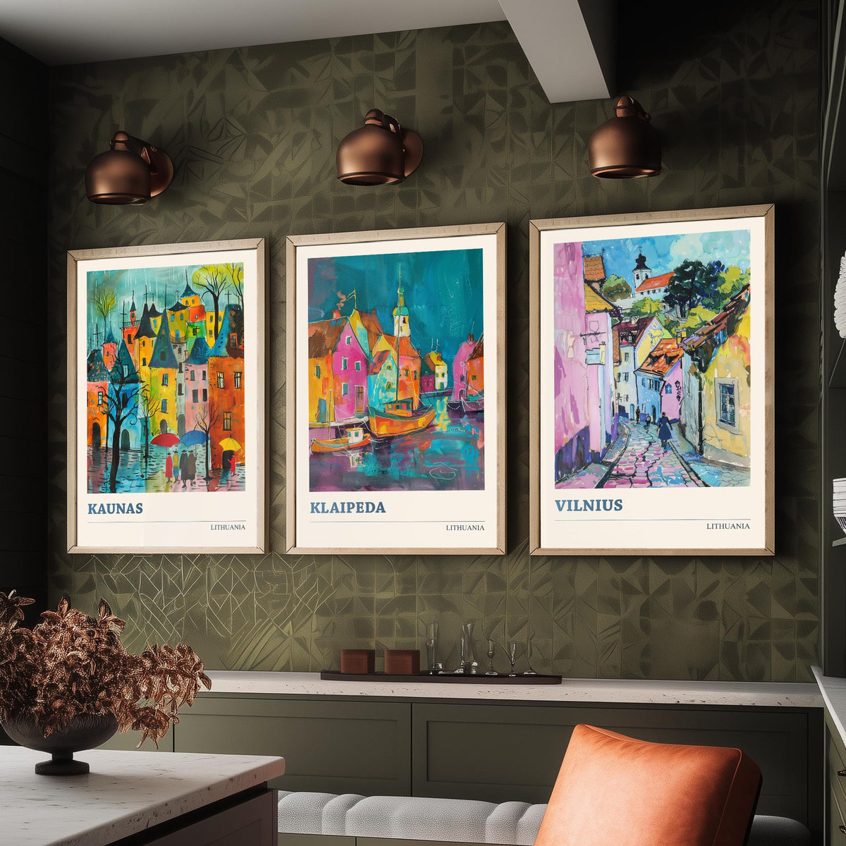 Lithuania Set of Three Prints - Kaunas, Klaipeda, Vilnius - 3 Vibrant City Art Prints Watercolour Painting Poster Gift Travel