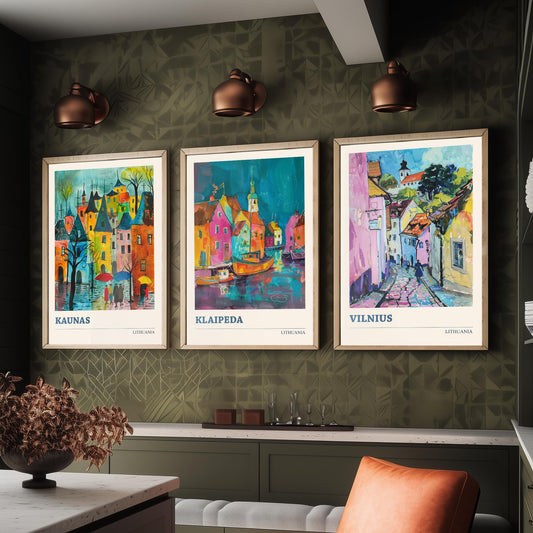 Lithuania Set of Three Prints - Kaunas, Klaipeda, Vilnius - 3 Vibrant City Art Prints Watercolour Painting Poster Gift Travel