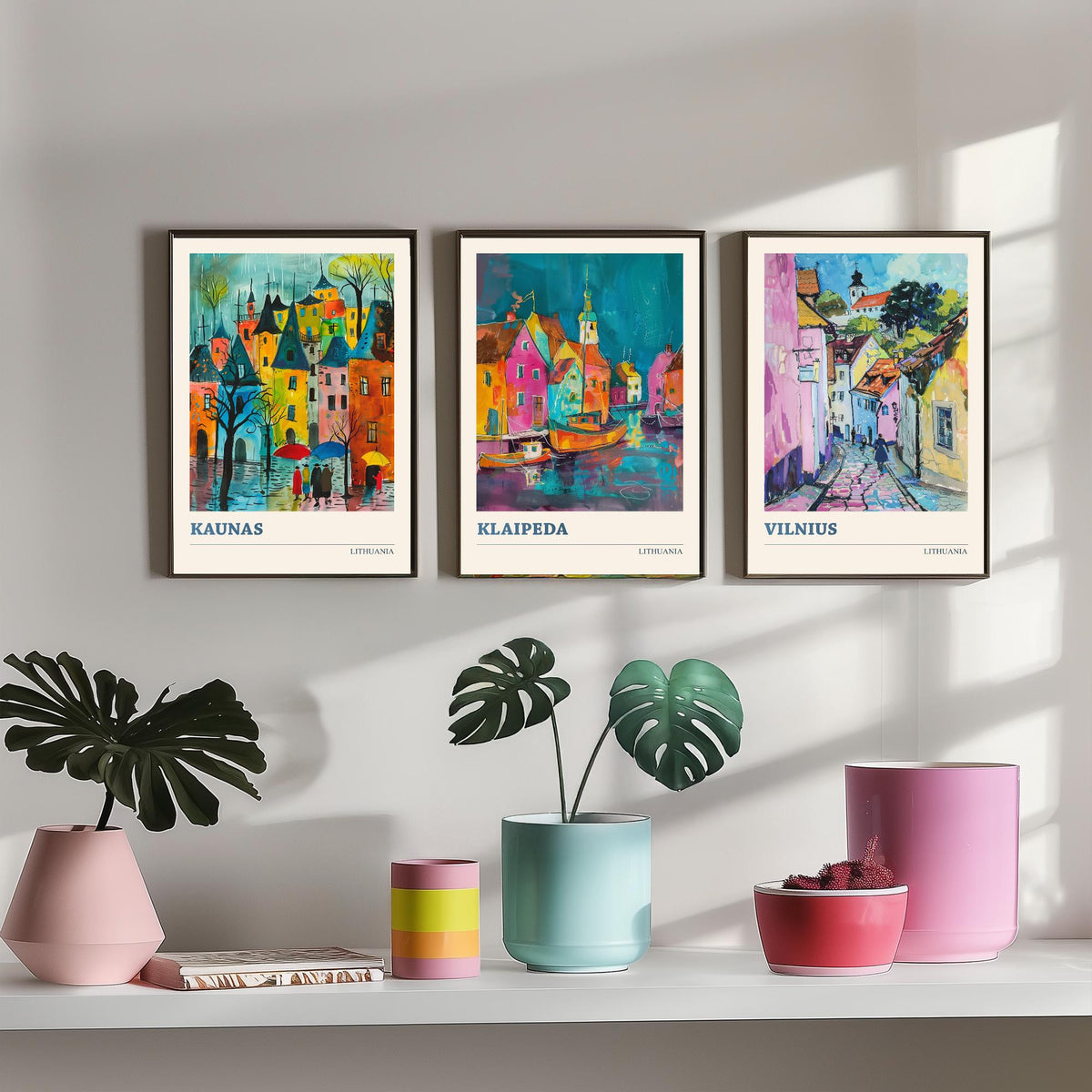 Lithuania Set of Three Prints - Kaunas, Klaipeda, Vilnius - 3 Vibrant City Art Prints Watercolour Painting Poster Gift Travel