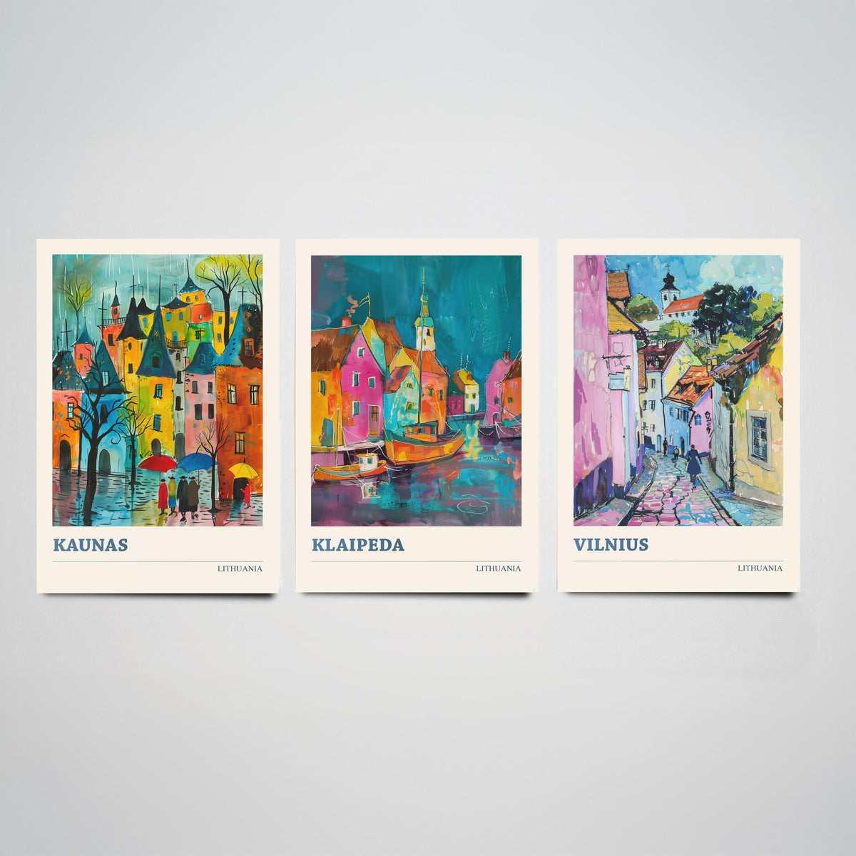 Lithuania Set of Three Prints - Kaunas, Klaipeda, Vilnius - 3 Vibrant City Art Prints Watercolour Painting Poster Gift Travel