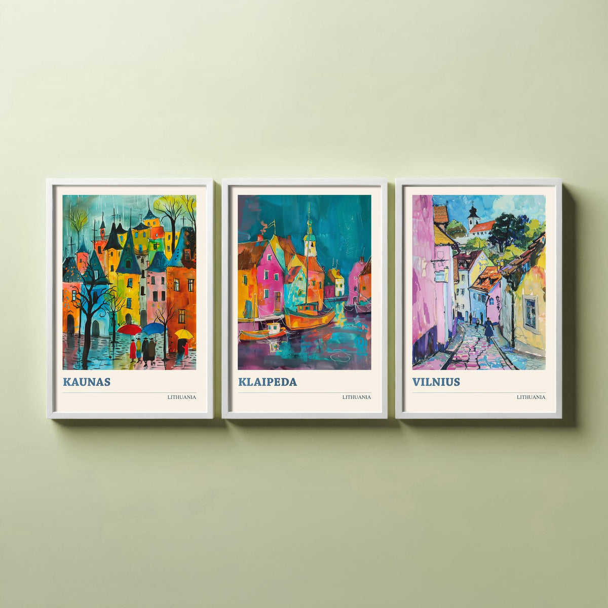Lithuania Set of Three Prints - Kaunas, Klaipeda, Vilnius - 3 Vibrant City Art Prints Watercolour Painting Poster Gift Travel
