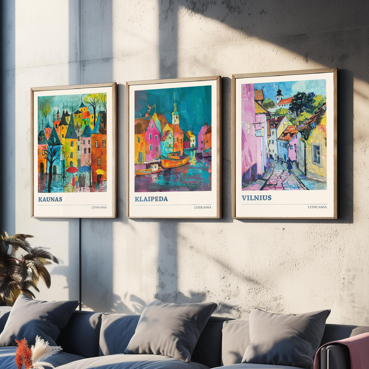 Lithuania Set of Three Prints - Kaunas, Klaipeda, Vilnius - 3 Vibrant City Art Prints Watercolour Painting Poster Gift Travel