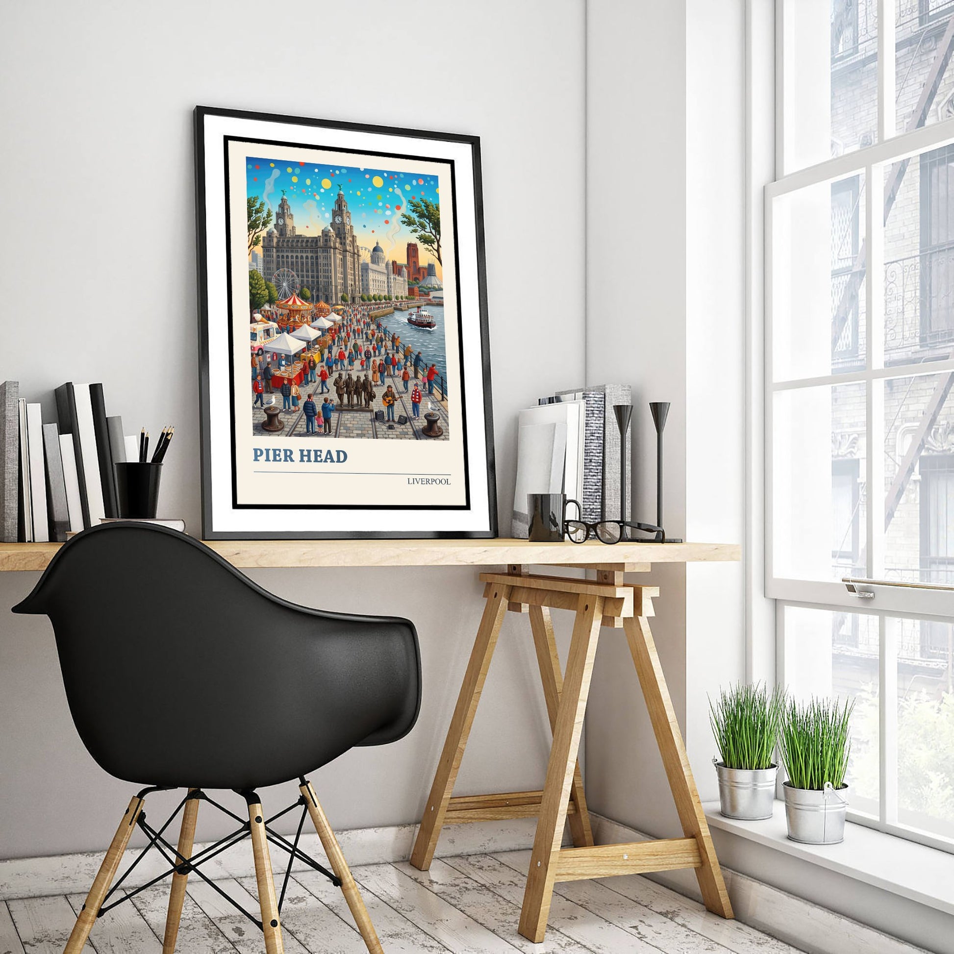 Pier Head Liverpool Travel Poster - Mersey Waterfront Art Print - Folk Art Illustration - Liver Building Ferry 1/3