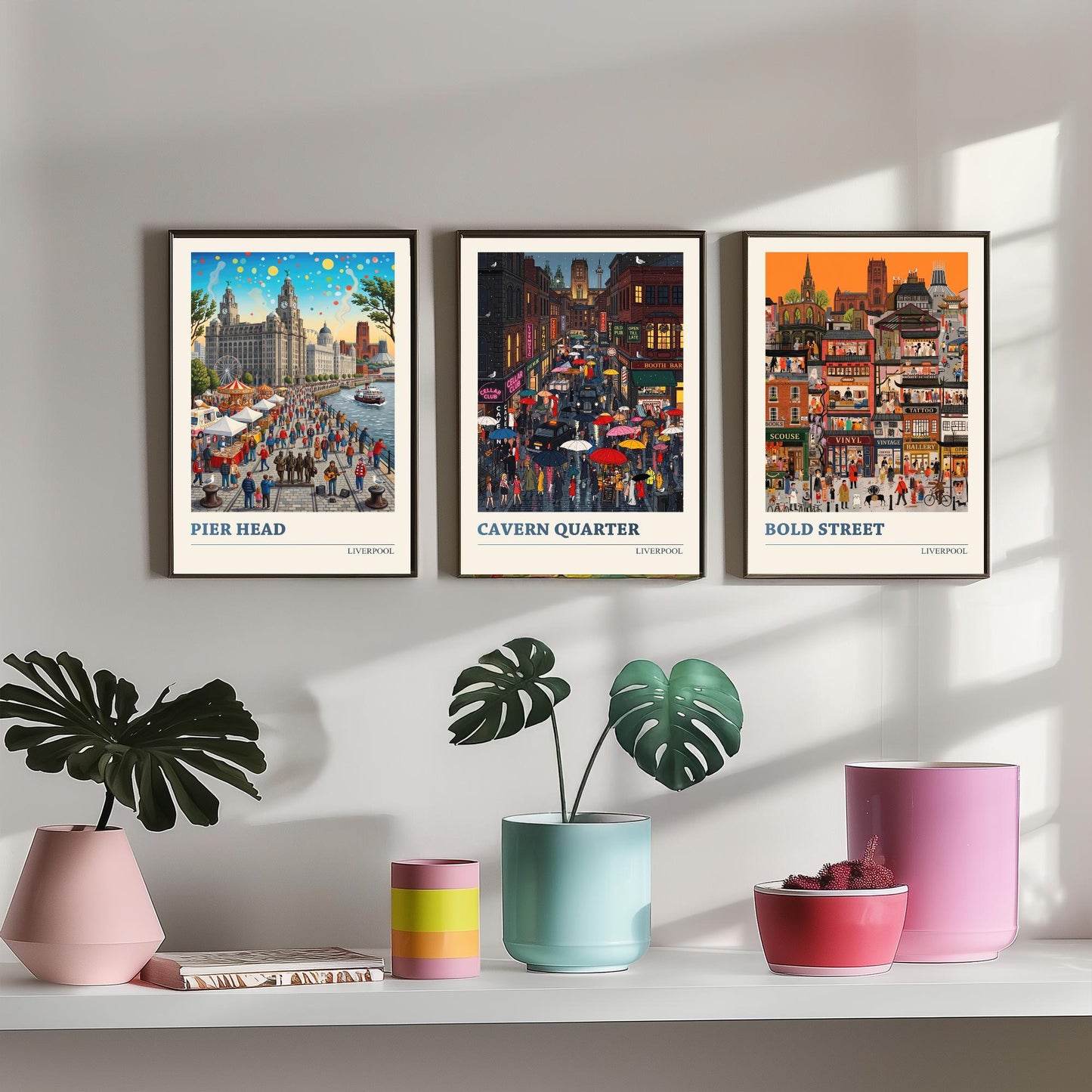 Liverpool Set of Three Art Prints - Pier Head, Cavern Quarter, Bold Street - 3 Colourful Folk Illustration Travel Posters Painting