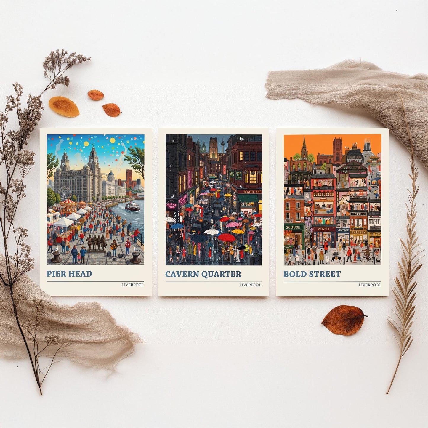 Liverpool Set of Three Art Prints - Pier Head, Cavern Quarter, Bold Street - 3 Colourful Folk Illustration Travel Posters Painting