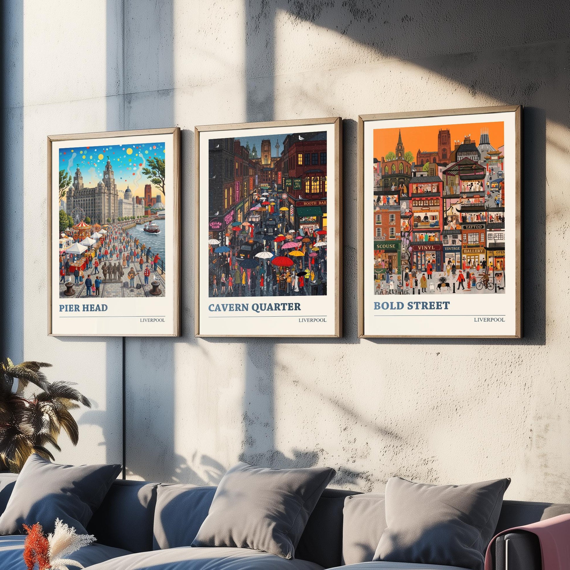 Liverpool Set of Three Art Prints - Pier Head, Cavern Quarter, Bold Street - 3 Colourful Folk Illustration Travel Posters Painting