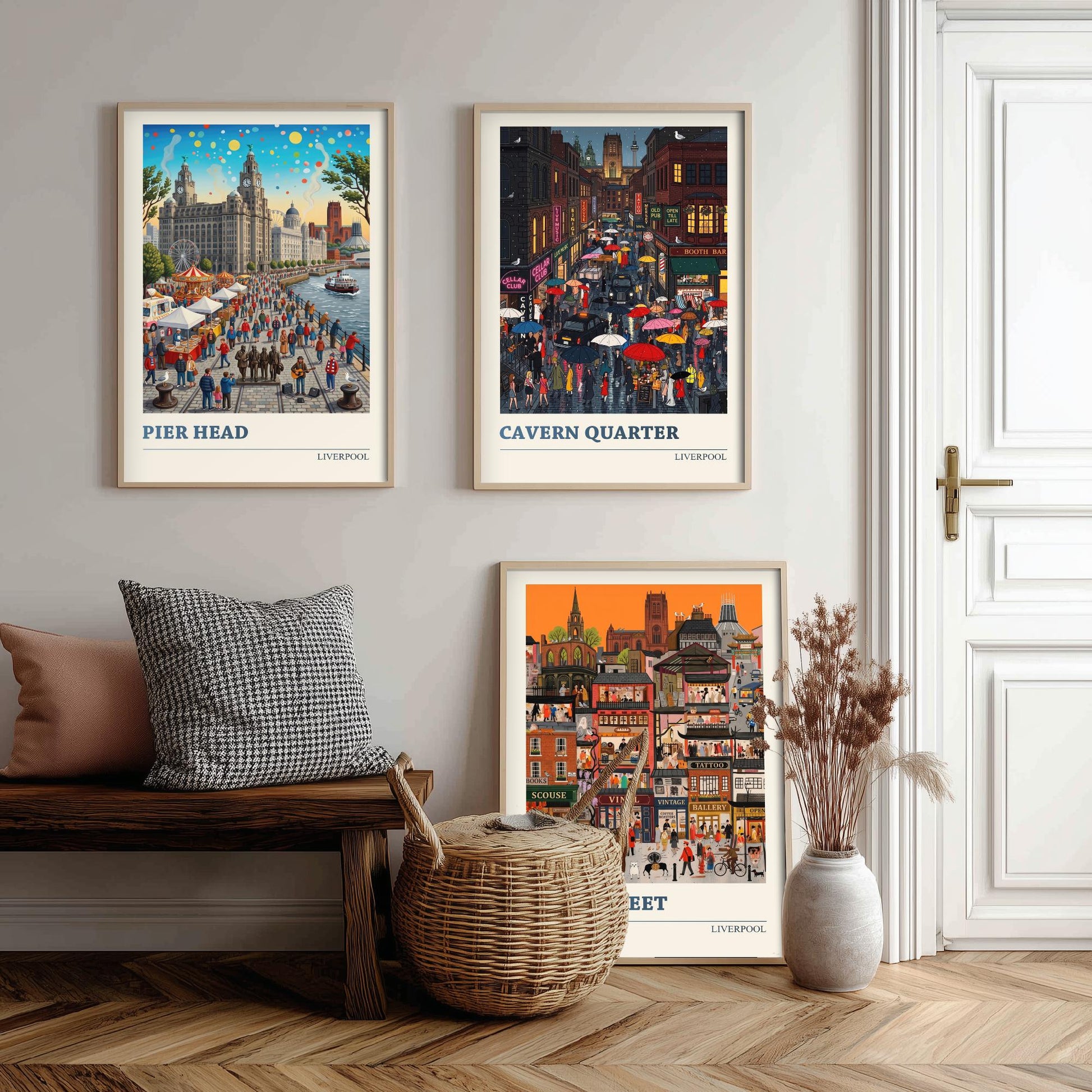 Liverpool Set of Three Art Prints - Pier Head, Cavern Quarter, Bold Street - 3 Colourful Folk Illustration Travel Posters Painting