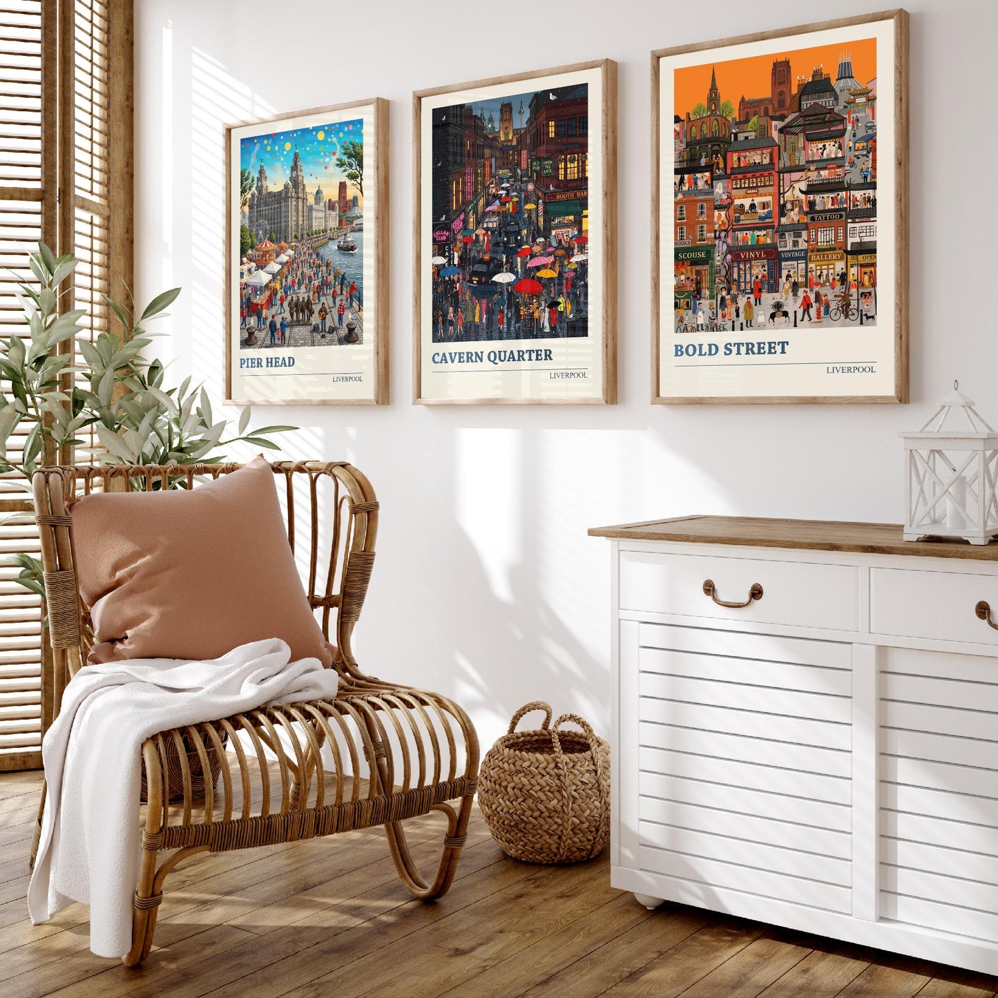 Liverpool Set of Three Art Prints - Pier Head, Cavern Quarter, Bold Street - 3 Colourful Folk Illustration Travel Posters Painting